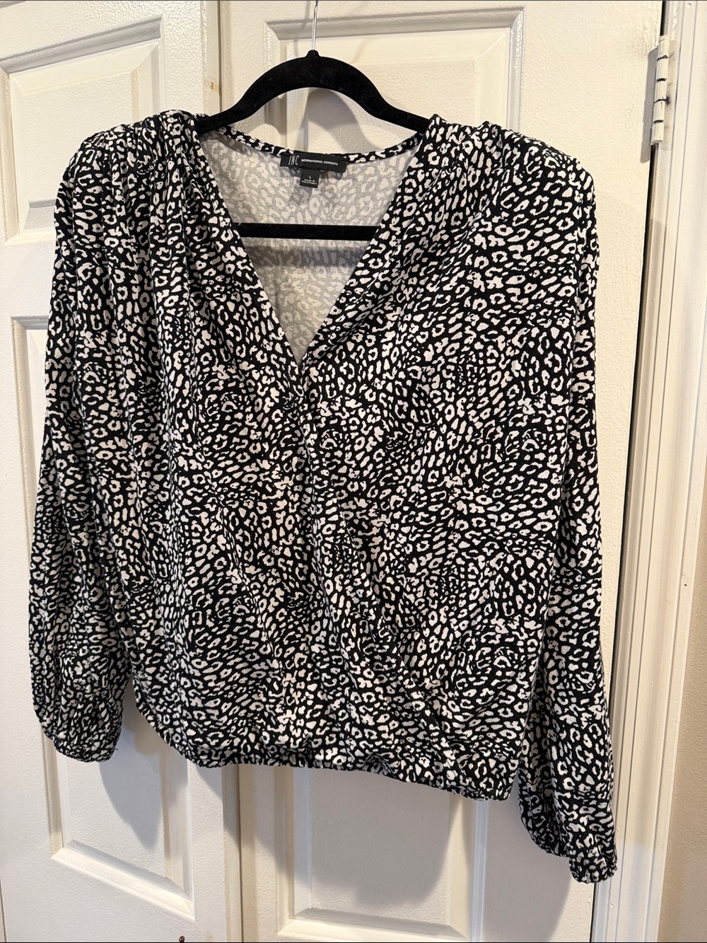 INC International Concepts Black and White Leopard-Print V-Neck Blouse